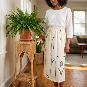 Vintage Skirt Linen Gauze Ivory Floral Boho Side Slit Large Play Alegre Midi USA